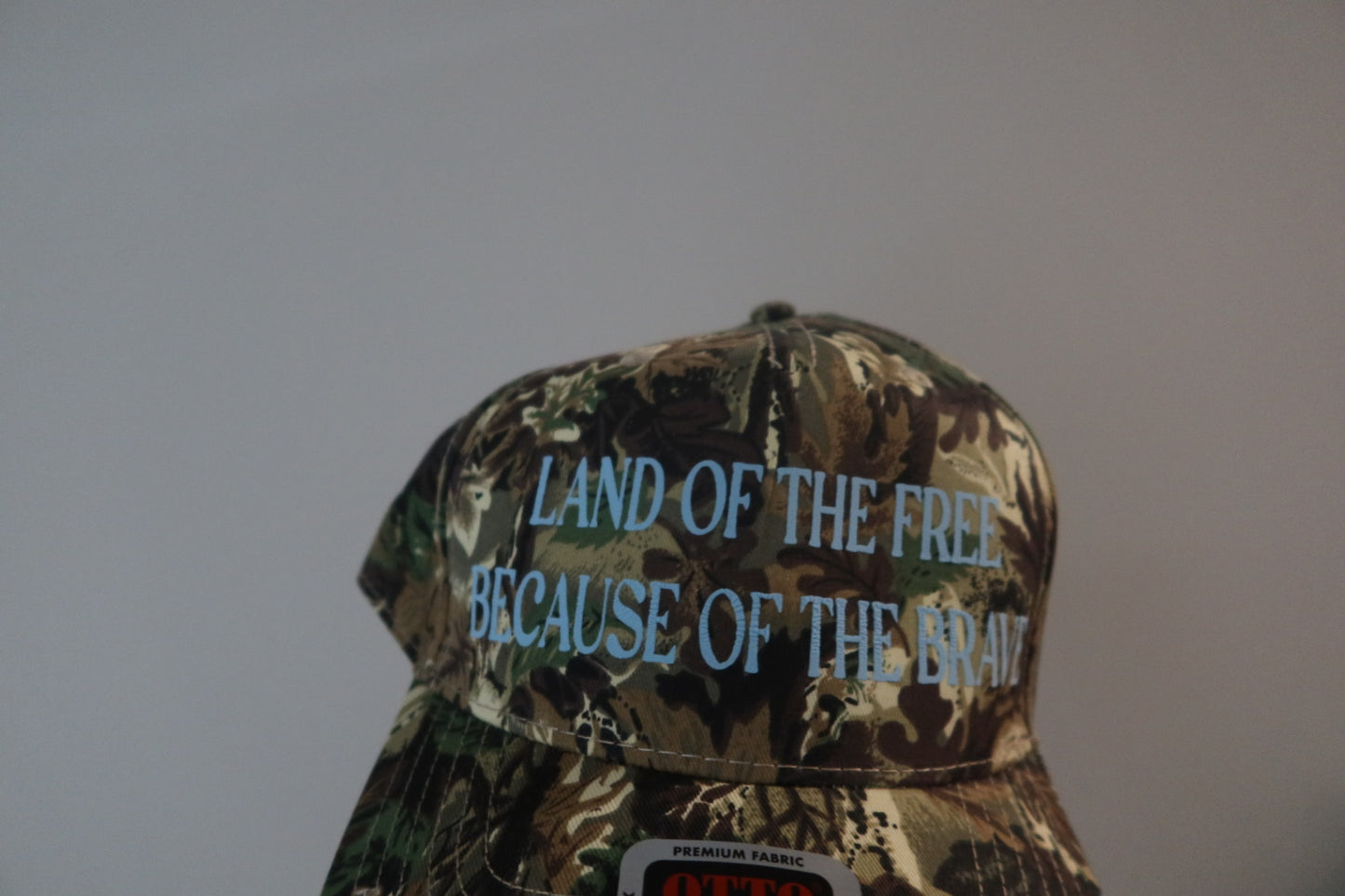 LAND OF THE FREE BECAUSE OF THE BRAVE-CAMO WITH BLUE HAT