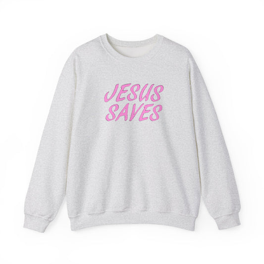 Jesus Saves Pink Script Crew neck — Christian Faith Graphic Tee