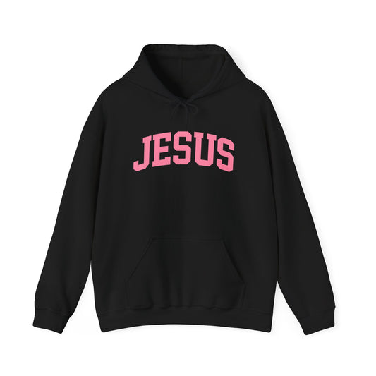 Jesus Arch Logo Hoodie — Pink Lettering Christian Faith Pullover