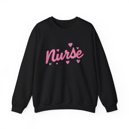 Nurse Crewneck Sweatshirt — Pink Script with Hearts, Cute Gift for Nurses