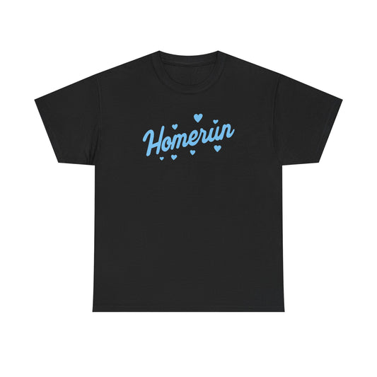 Homerun Tee — Retro Script Baseball Shirt with Blue Hearts
