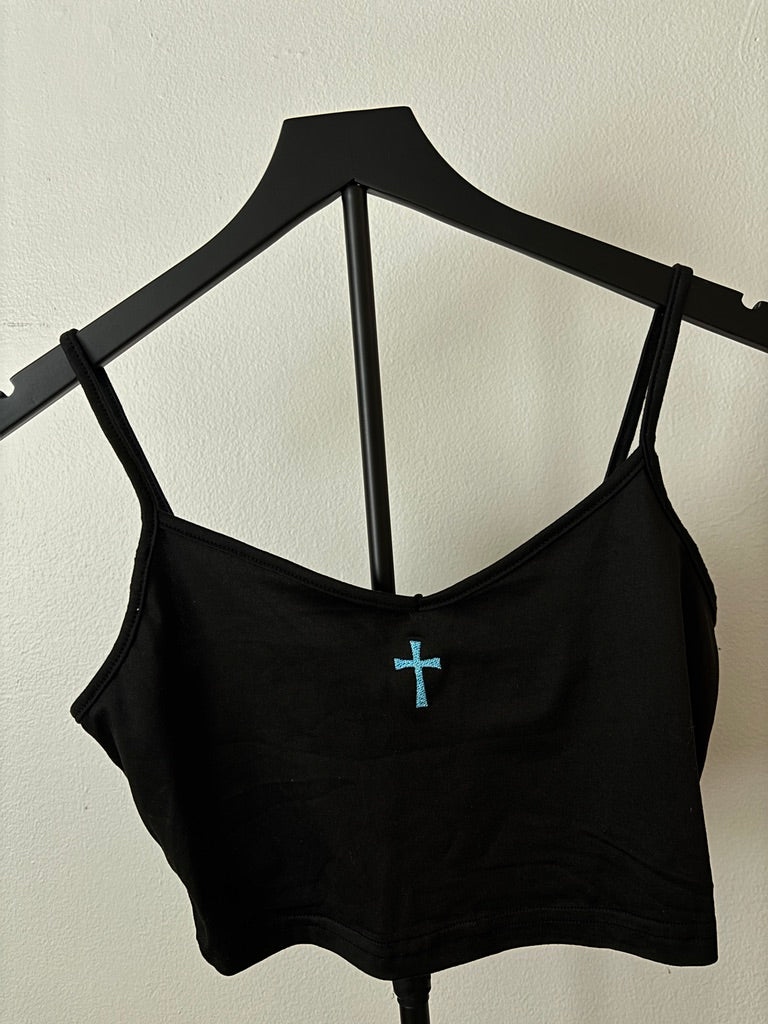 BLACK CROSS EMBROIDERED CROPPED TANK TOP S/M