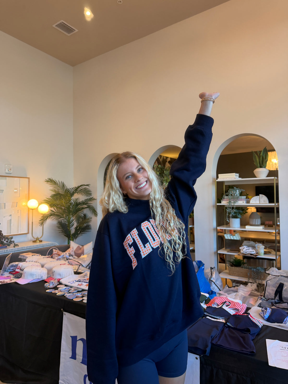 Navy and orange gingham florida mockneck