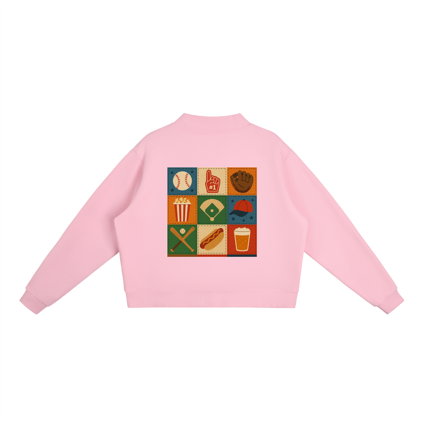 Ballgame Script with Patchwork Essential Fleece Mock-Neck Crew Sweatshirt