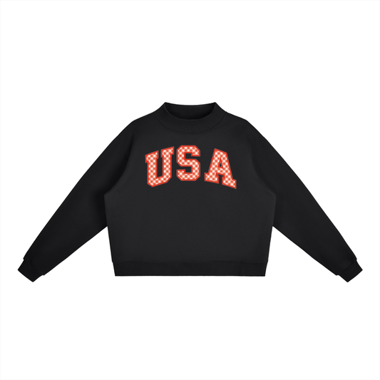 Gingham USA print Essential Fleece Mock-Neck Crew Sweatshirt