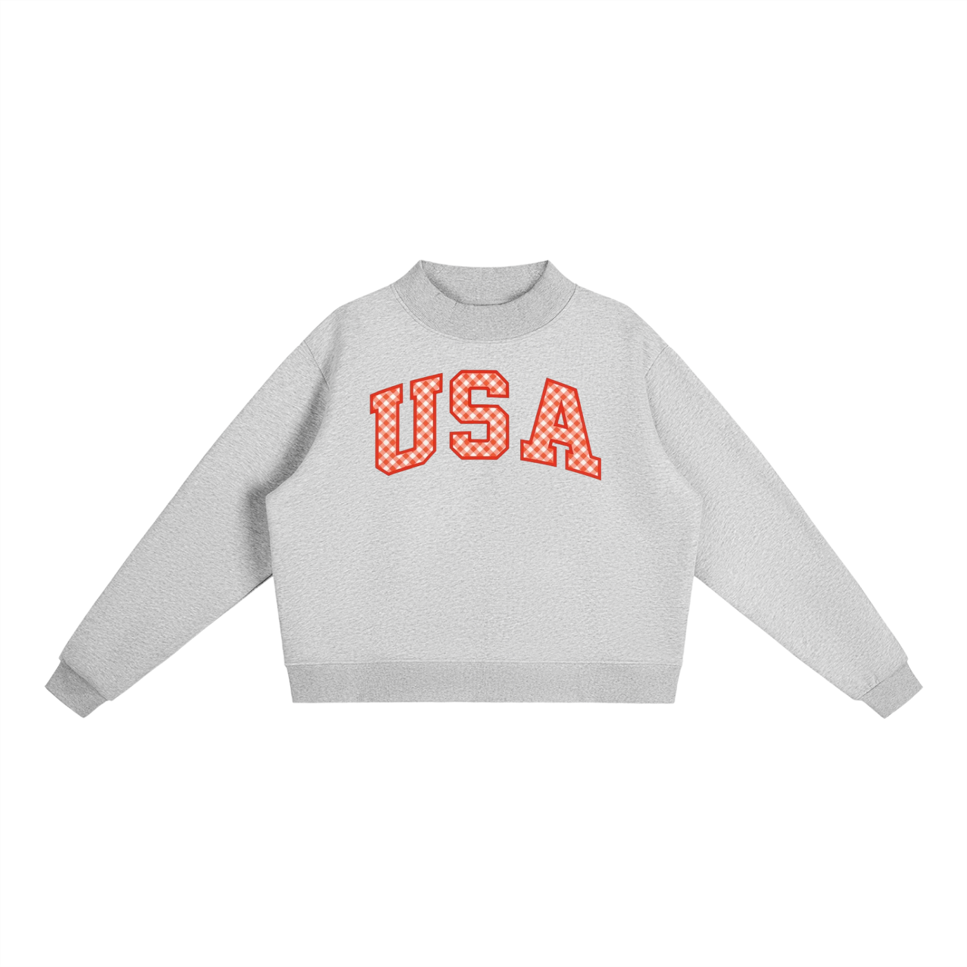 Gingham USA print Essential Fleece Mock-Neck Crew Sweatshirt
