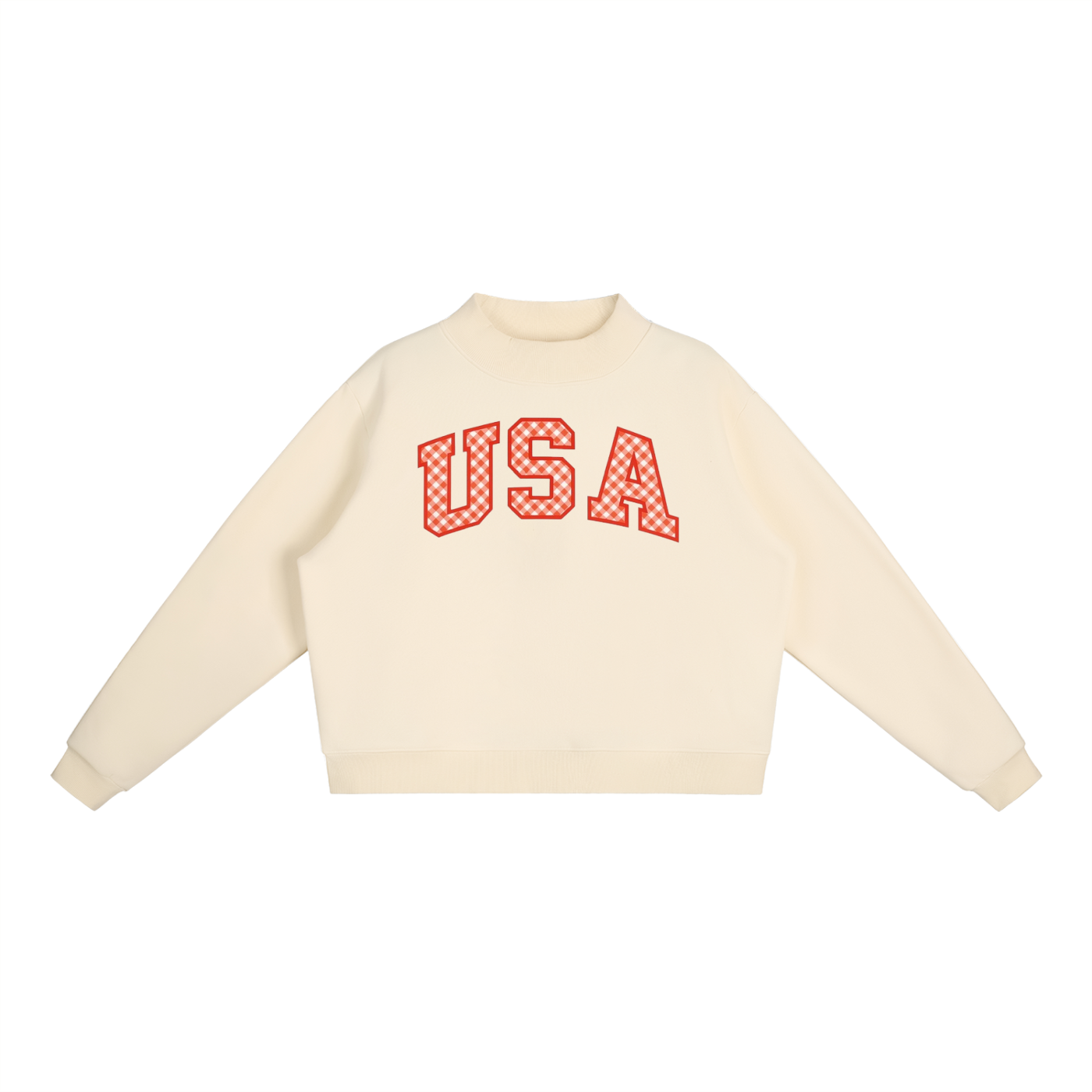 Gingham USA print Essential Fleece Mock-Neck Crew Sweatshirt