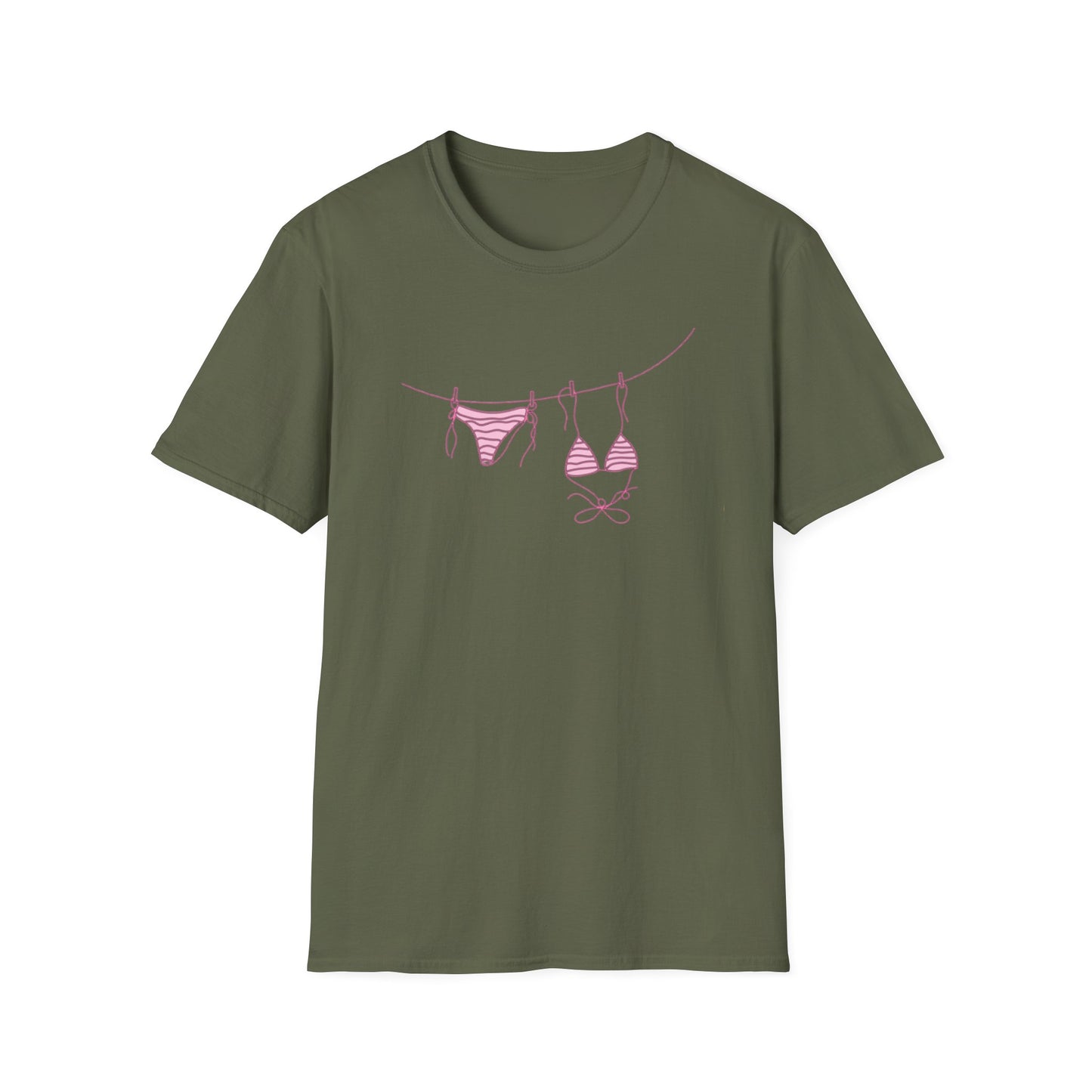 Bikini Line Graphic T‑Shirt – Pink Swimsuit Clothesline Tee