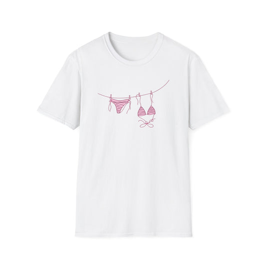 Bikini Line Graphic T‑Shirt – Pink Swimsuit Clothesline Tee