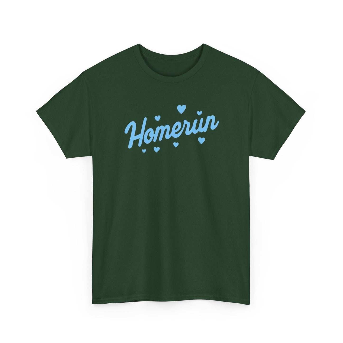 Homerun Tee — Retro Script Baseball Shirt with Blue Hearts