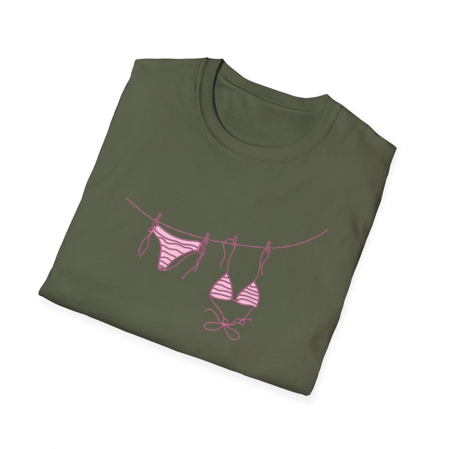 Bikini Line Graphic T‑Shirt – Pink Swimsuit Clothesline Tee