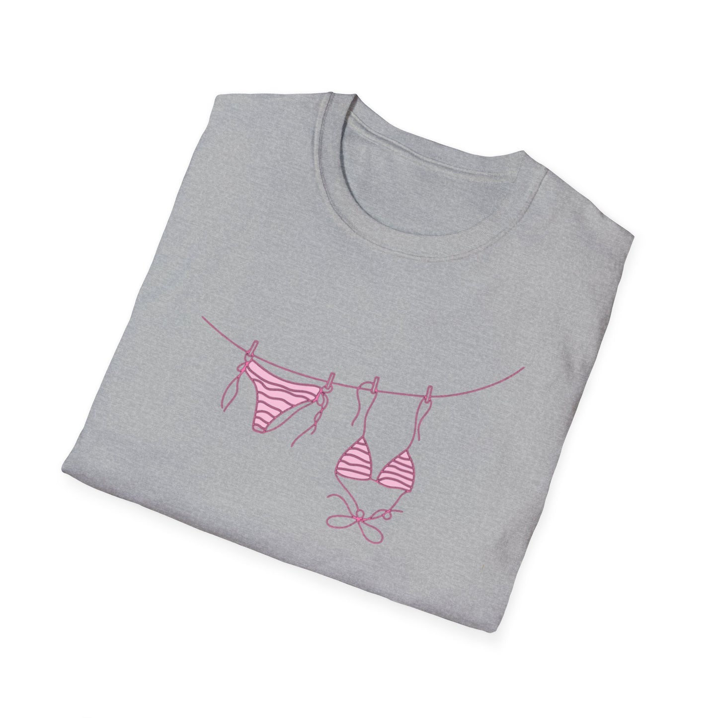 Bikini Line Graphic T‑Shirt – Pink Swimsuit Clothesline Tee