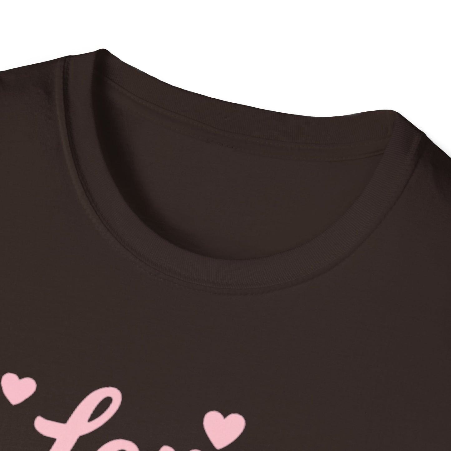 Love Your Neighbor T-Shirt — Pink Script Hearts Tee for Kindness & Community