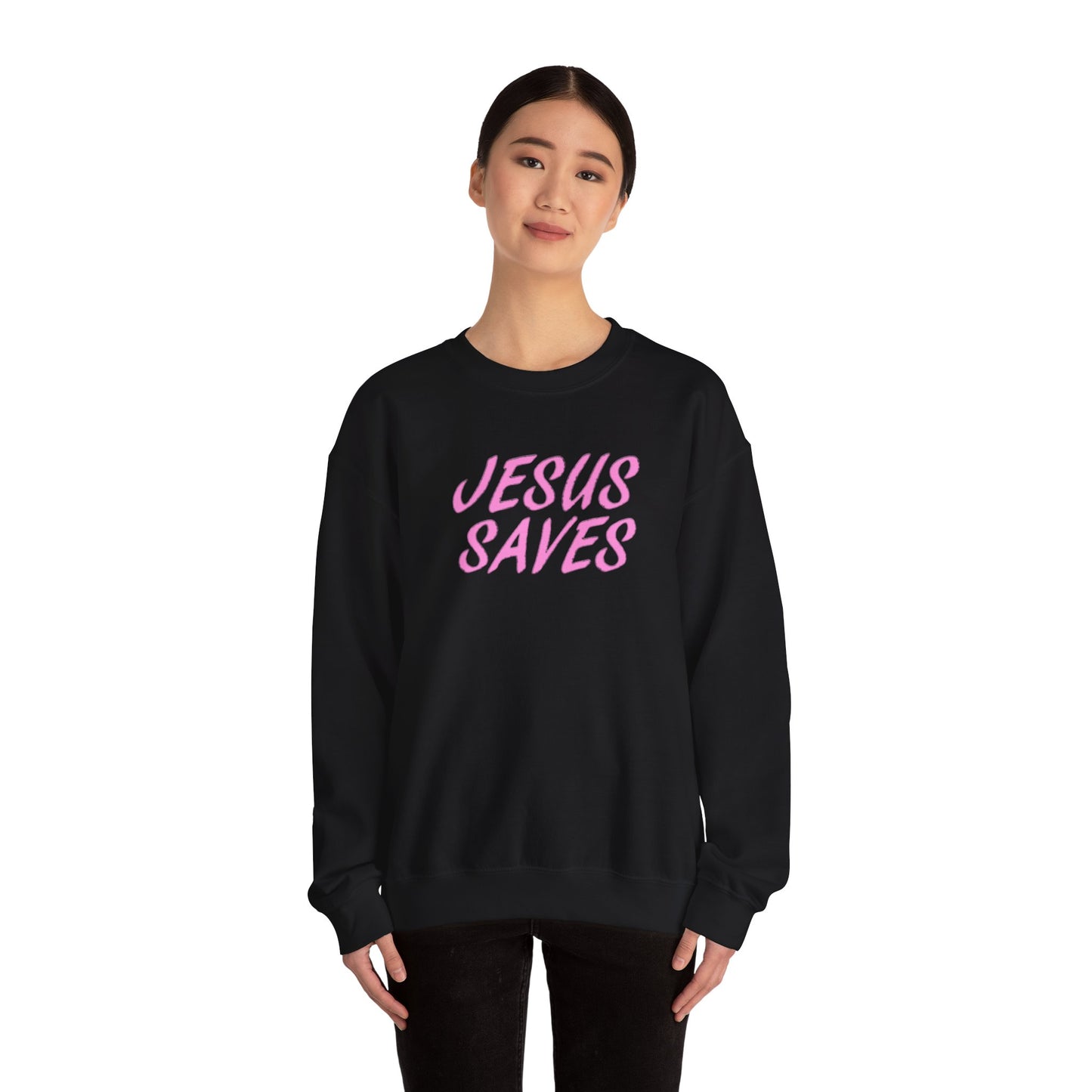 Jesus Saves Pink Script Crew neck — Christian Faith Graphic Tee
