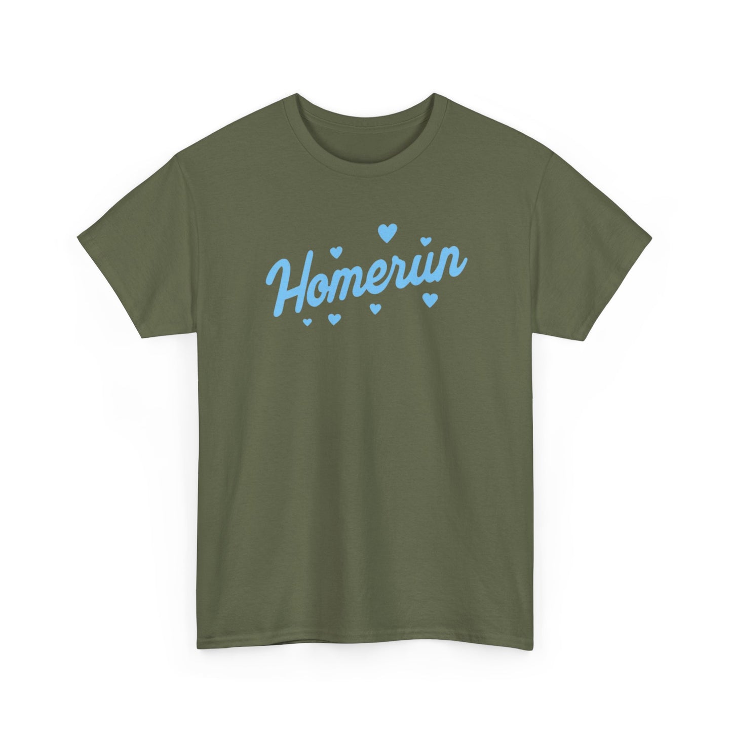Homerun Tee — Retro Script Baseball Shirt with Blue Hearts