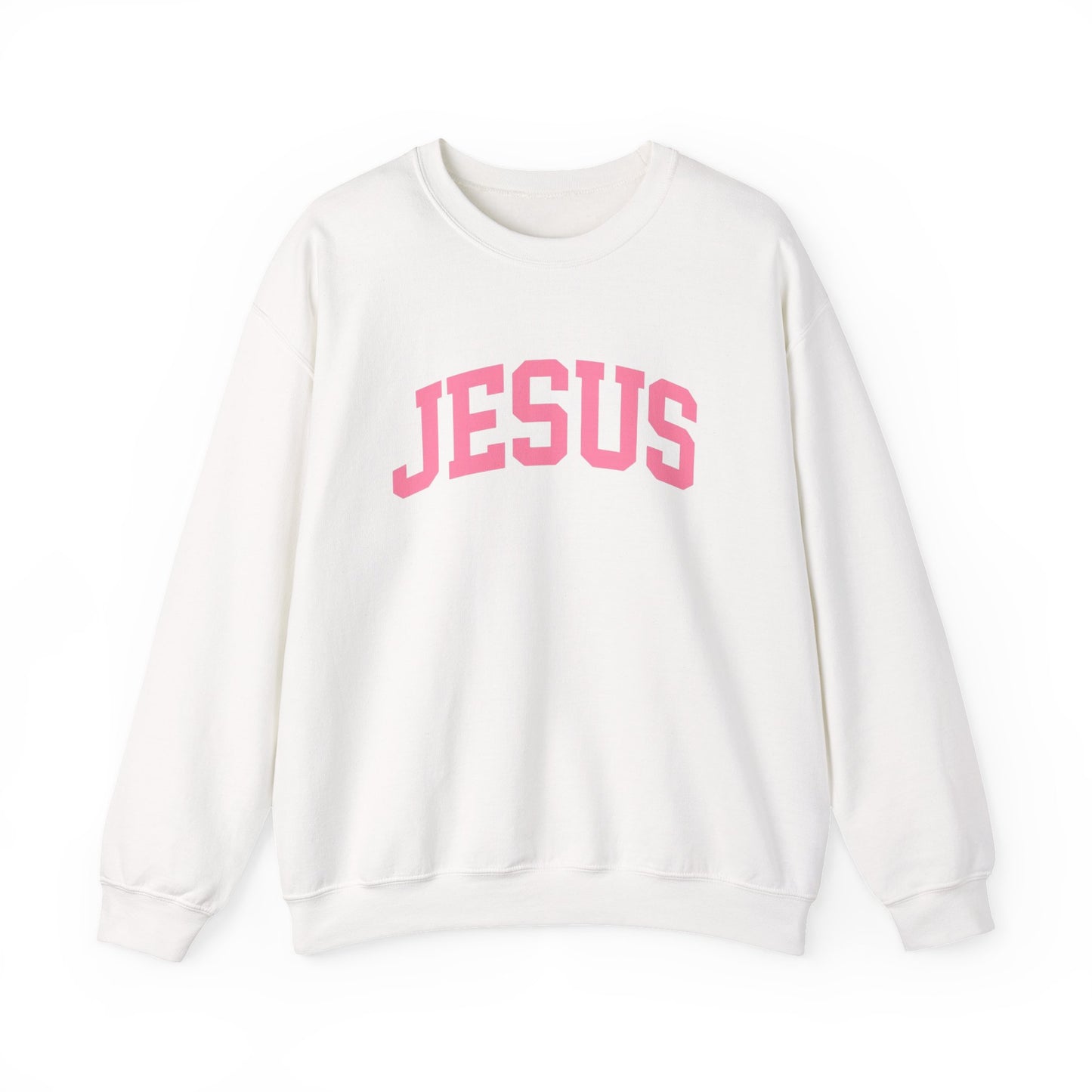Jesus Crewneck Sweatshirt — Pink Collegiate Faith Graphic