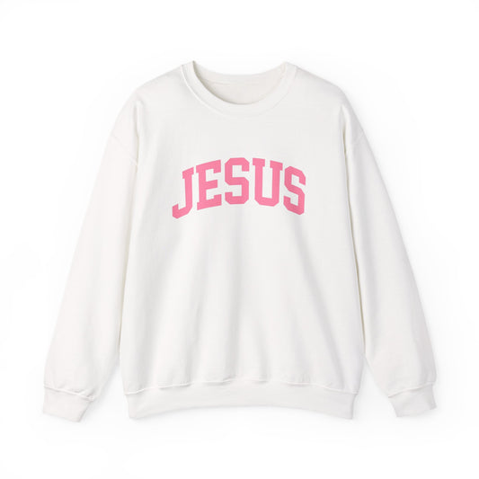 Jesus Crewneck Sweatshirt — Pink Collegiate Faith Graphic
