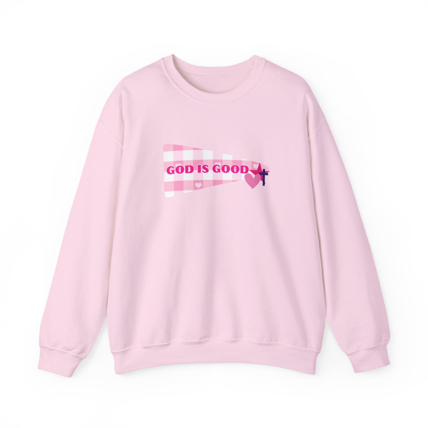 God Is Good Crewneck Sweatshirt — Pink Heart Faith Graphic