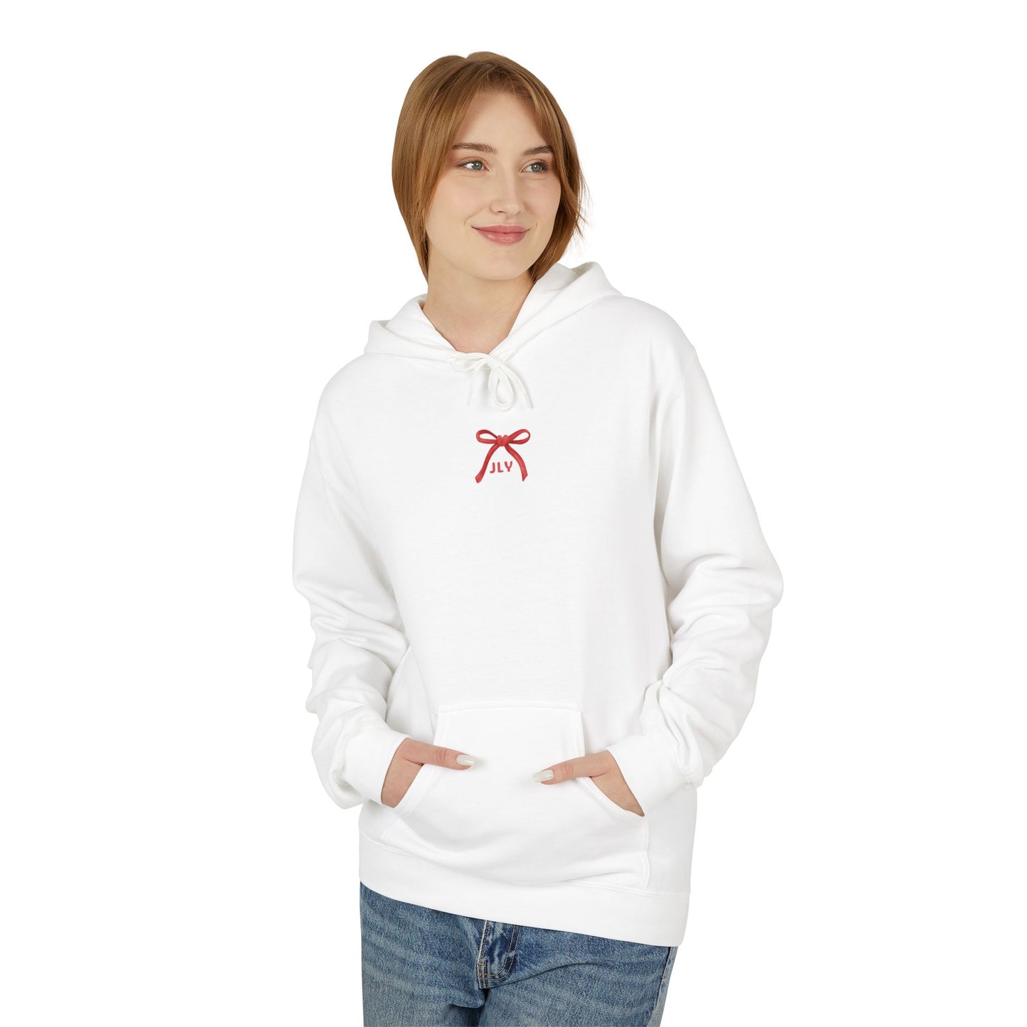 Chic Fleece Hoodie with JLY Bow Design - Perfect for Gift Giving, Cozy Casual Wear, Holiday Celebrations, Unisex Style, Everyday Comfort