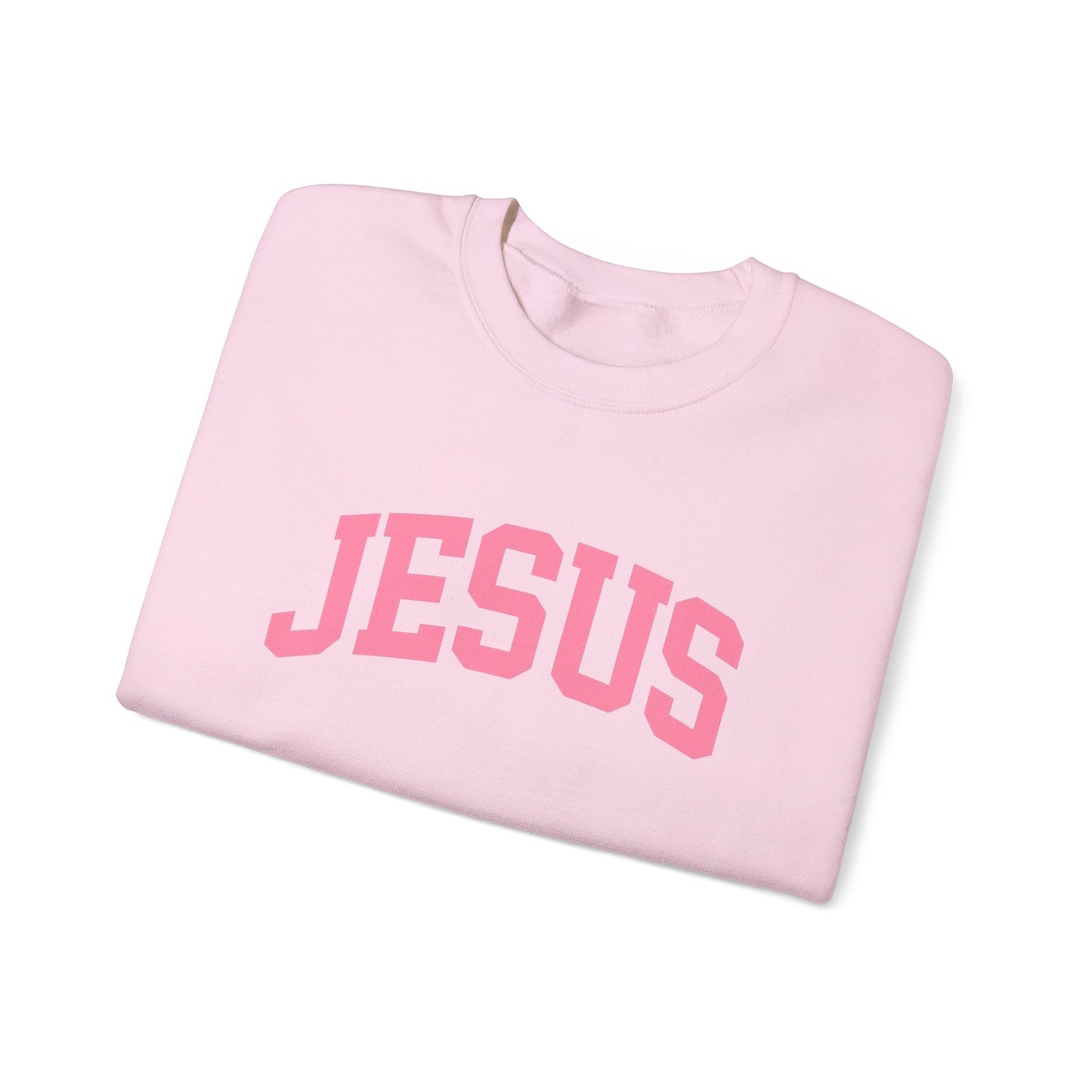 Jesus Crewneck Sweatshirt — Pink Collegiate Faith Graphic