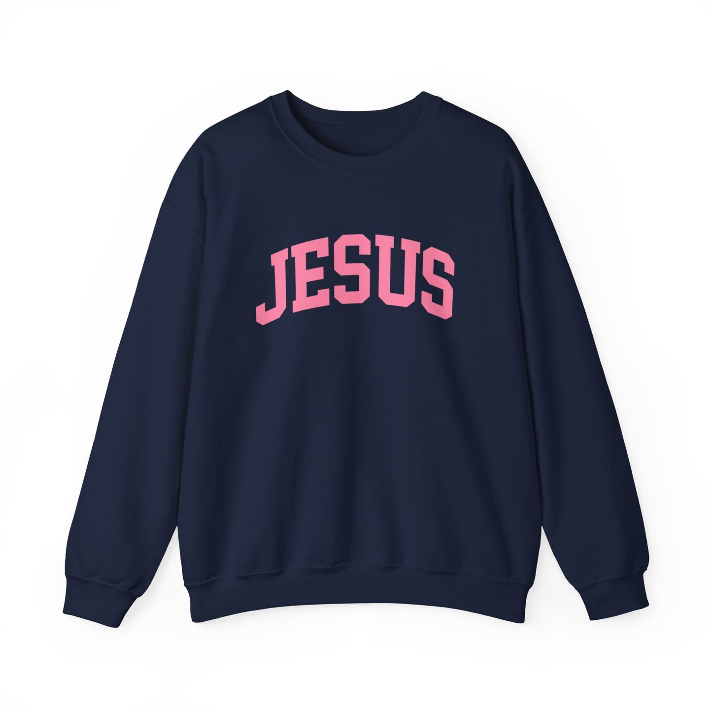 Jesus Crewneck Sweatshirt — Pink Collegiate Faith Graphic