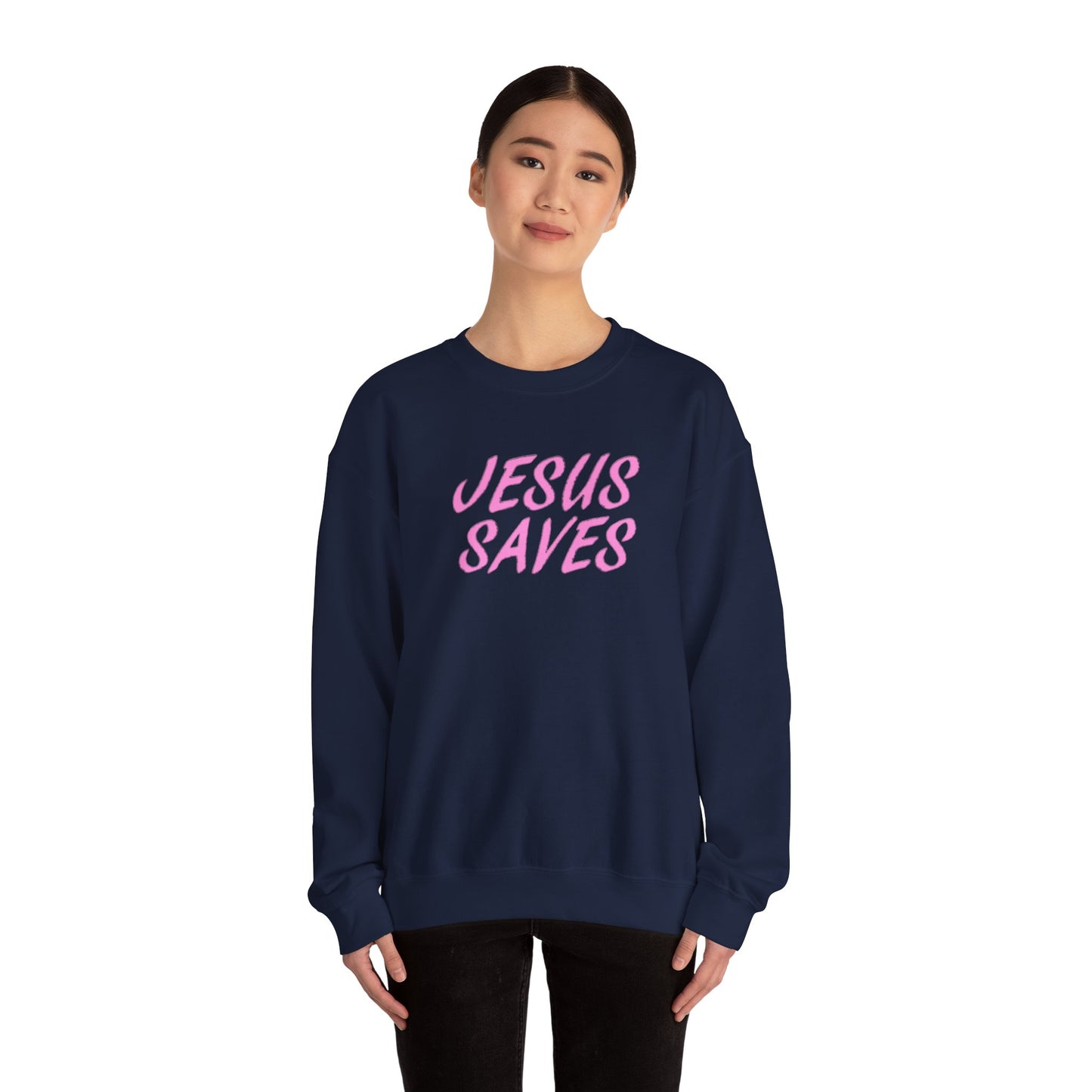 Jesus Saves Pink Script Crew neck — Christian Faith Graphic Tee