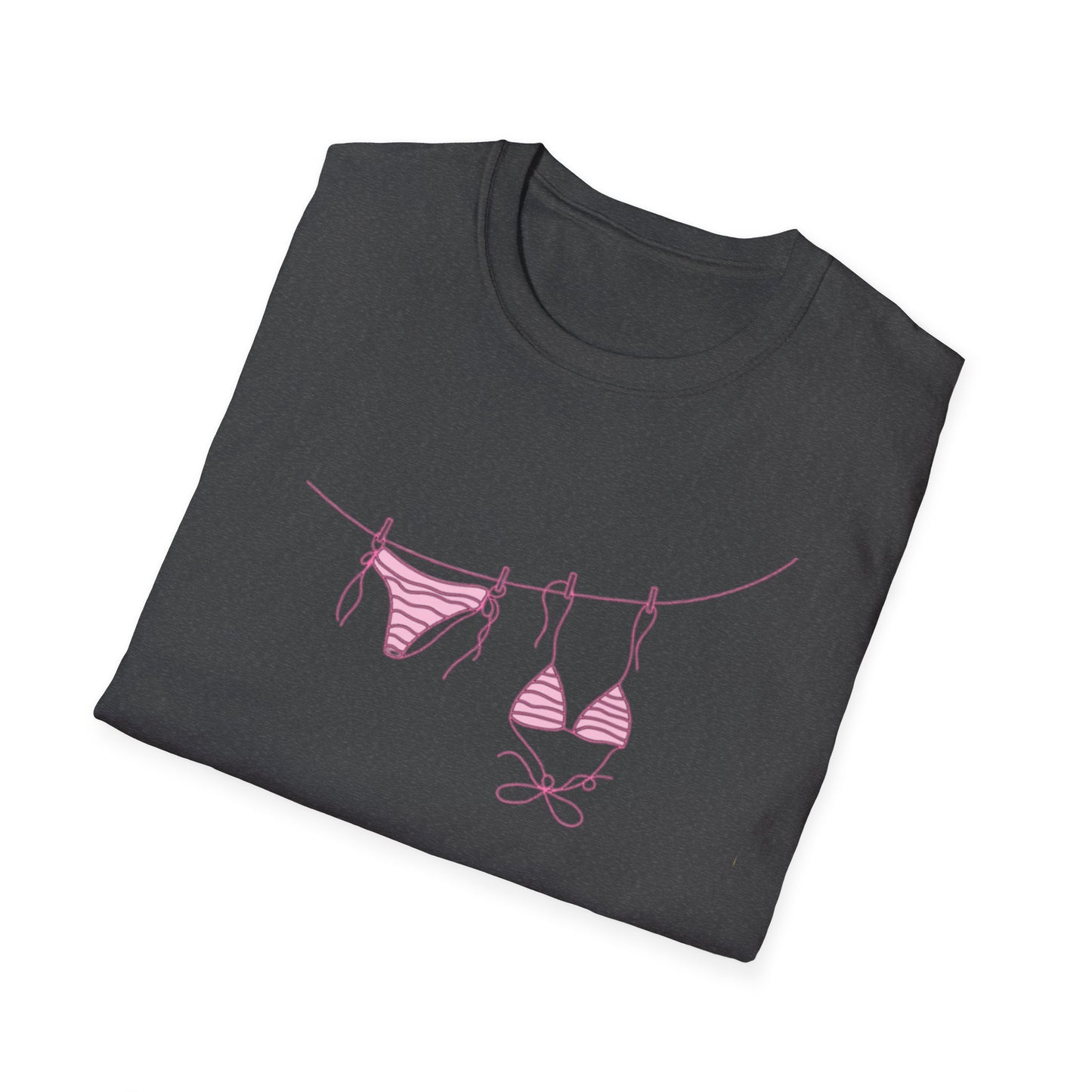 Bikini Line Graphic T‑Shirt – Pink Swimsuit Clothesline Tee