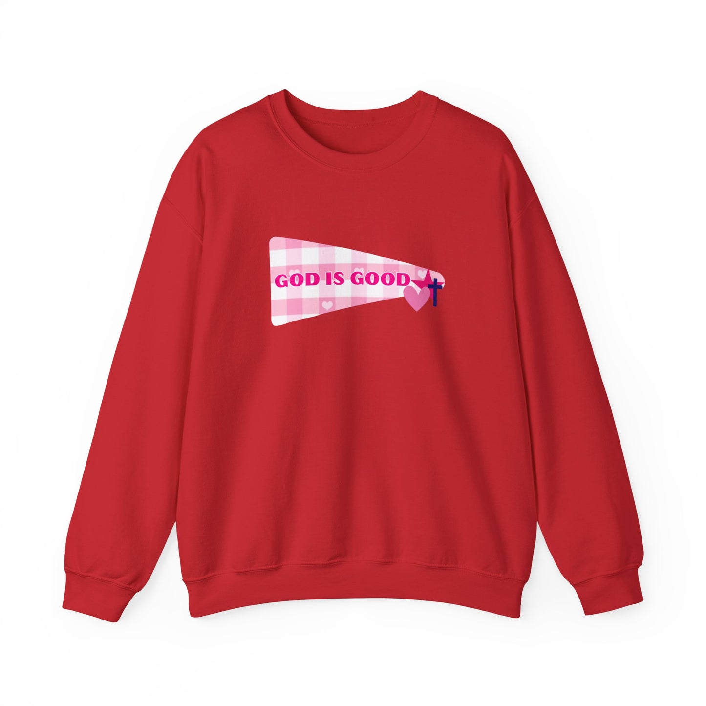 God Is Good Crewneck Sweatshirt — Pink Heart Faith Graphic