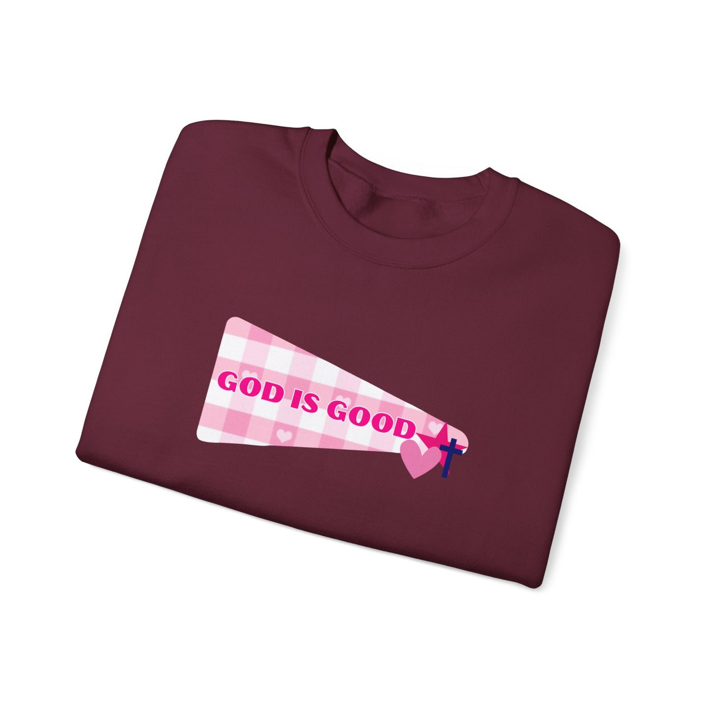 God Is Good Crewneck Sweatshirt — Pink Heart Faith Graphic