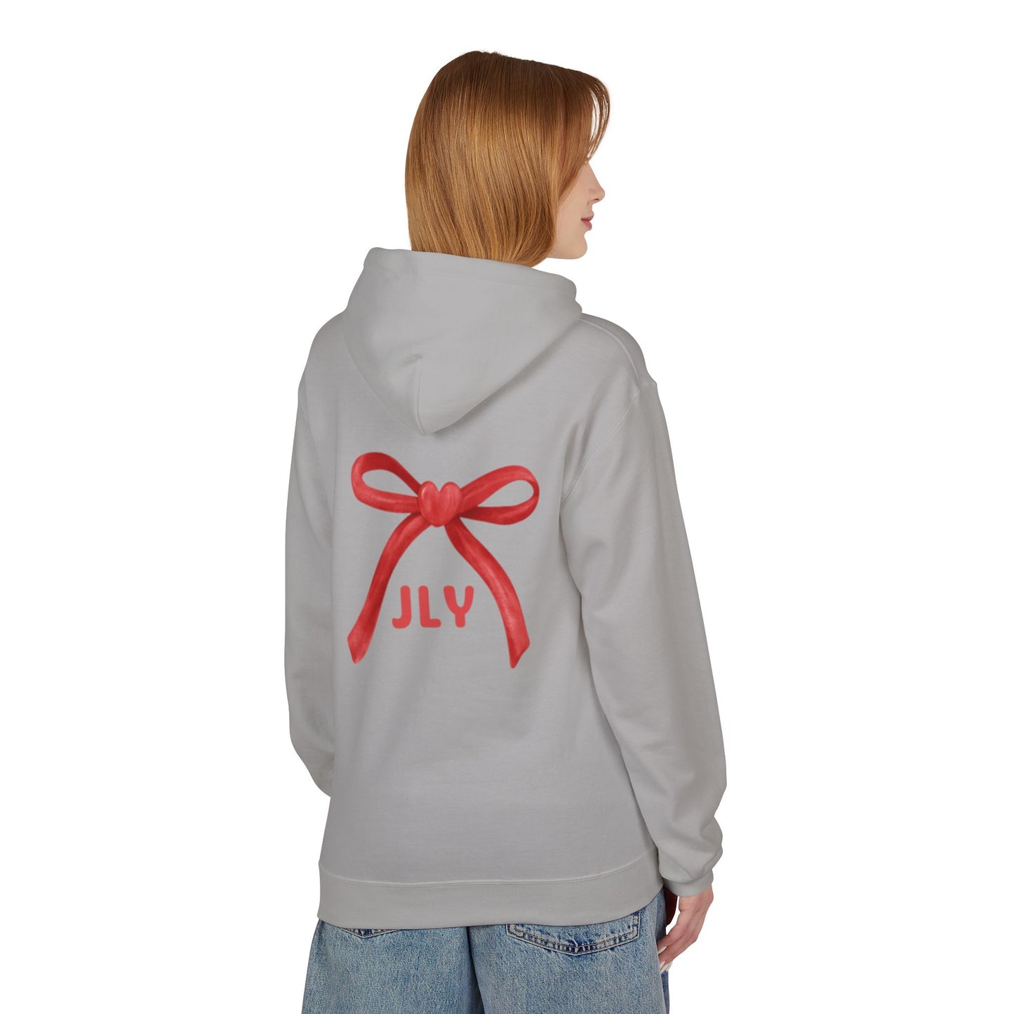 Chic Fleece Hoodie with JLY Bow Design - Perfect for Gift Giving, Cozy Casual Wear, Holiday Celebrations, Unisex Style, Everyday Comfort