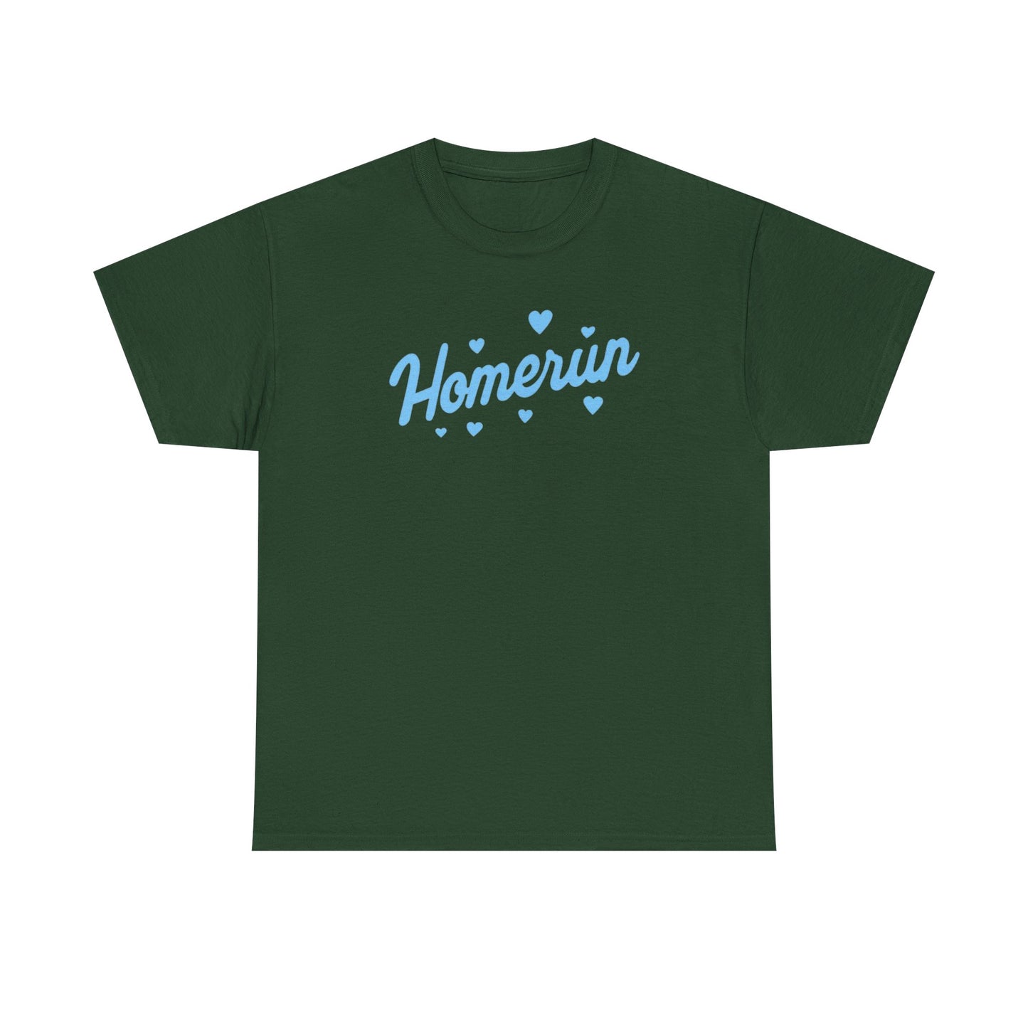 Homerun Tee — Retro Script Baseball Shirt with Blue Hearts
