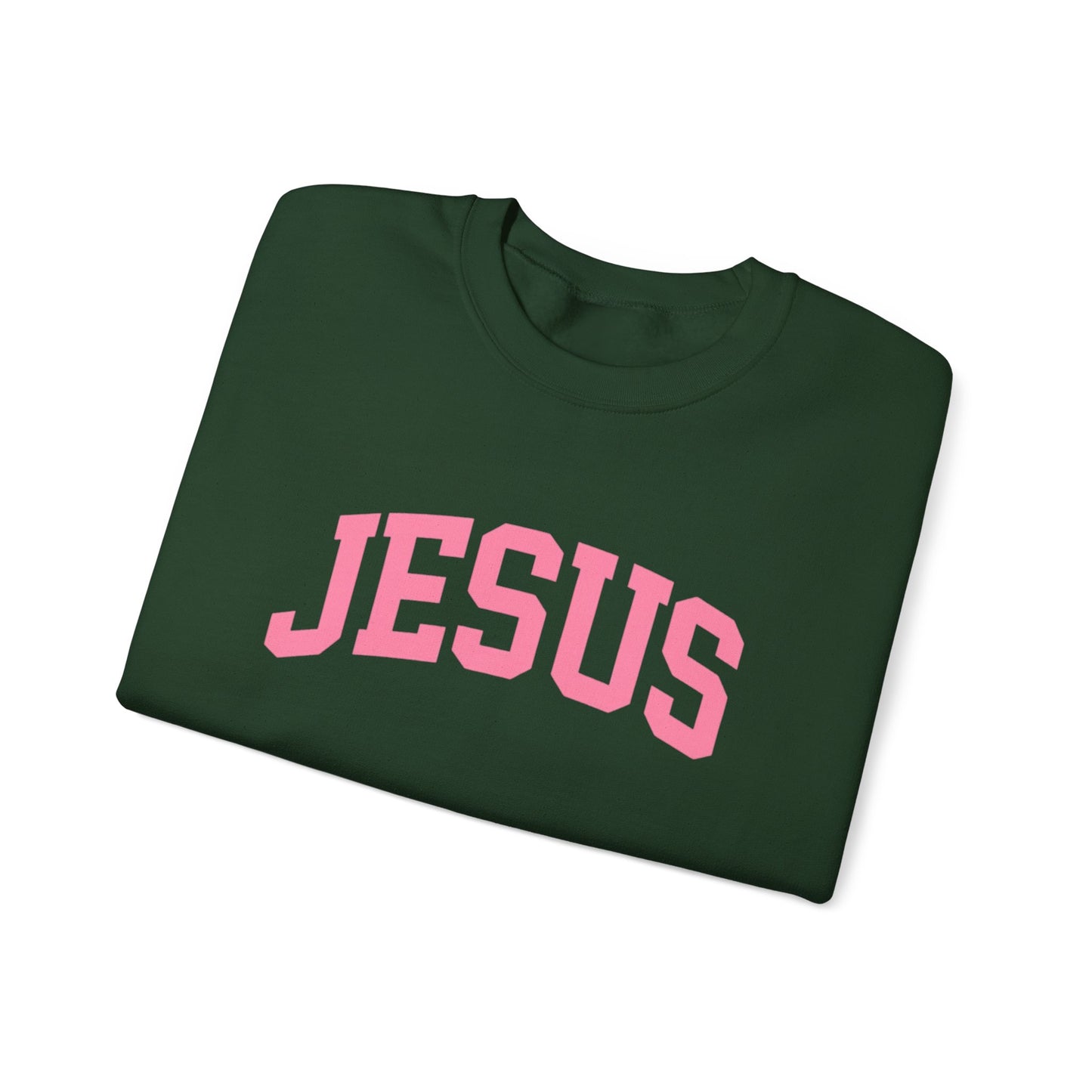 Jesus Crewneck Sweatshirt — Pink Collegiate Faith Graphic