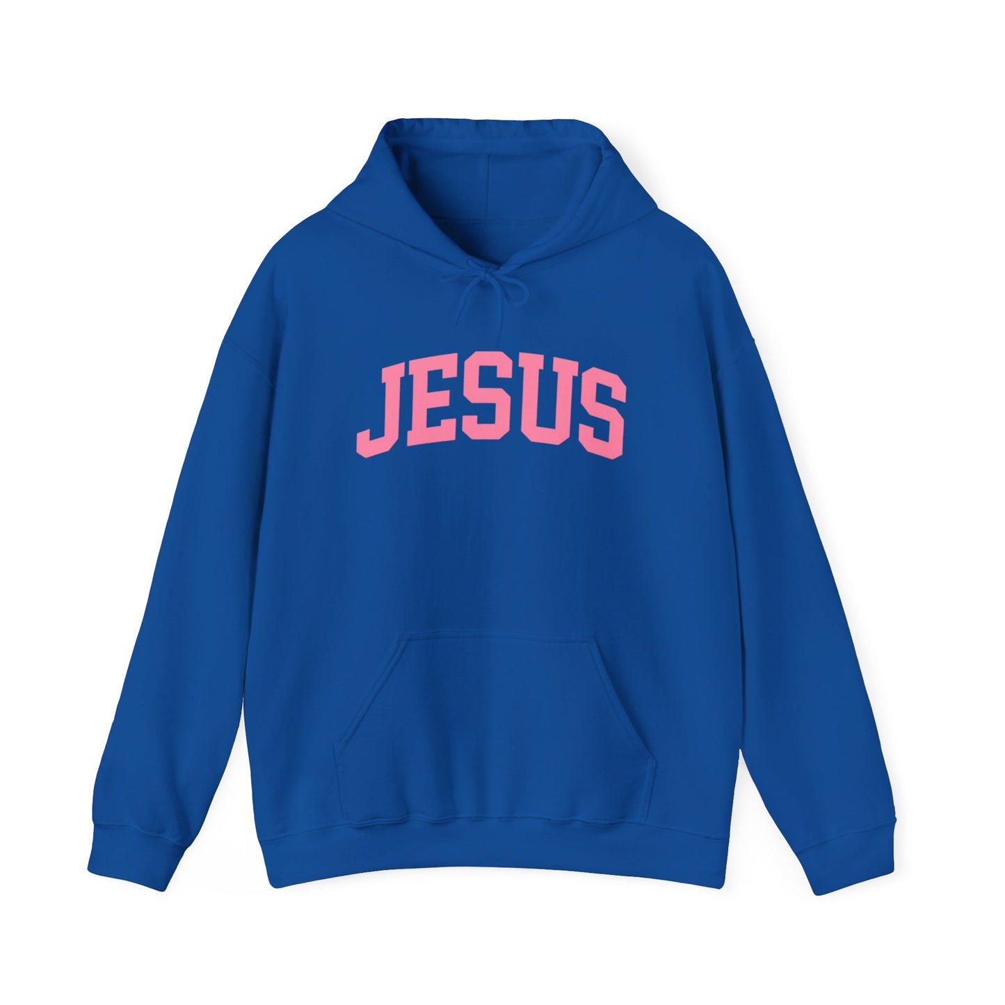 Jesus Arch Logo Hoodie — Pink Lettering Christian Faith Pullover