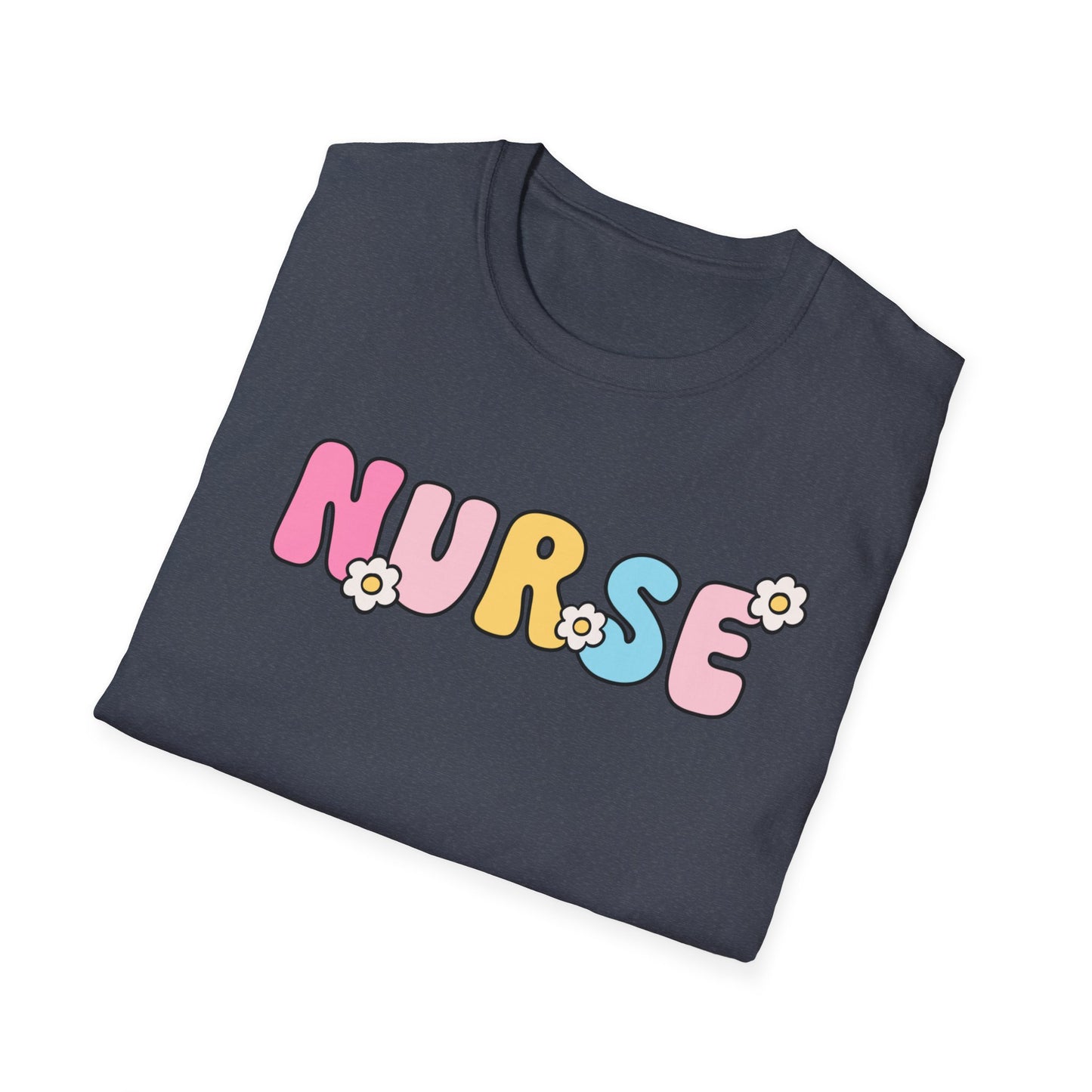 Nurse Daisy Retro Bubble Letter T-Shirt — Cute Pastel Floral Nursing Tee