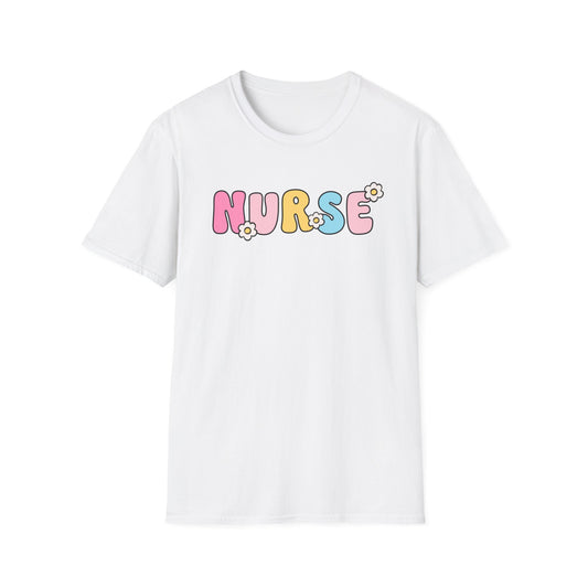 Nurse Daisy Retro Bubble Letter T-Shirt — Cute Pastel Floral Nursing Tee