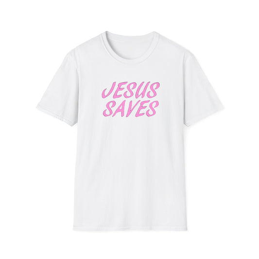Jesus Saves Pink Script T-Shirt — Christian Faith Graphic Tee