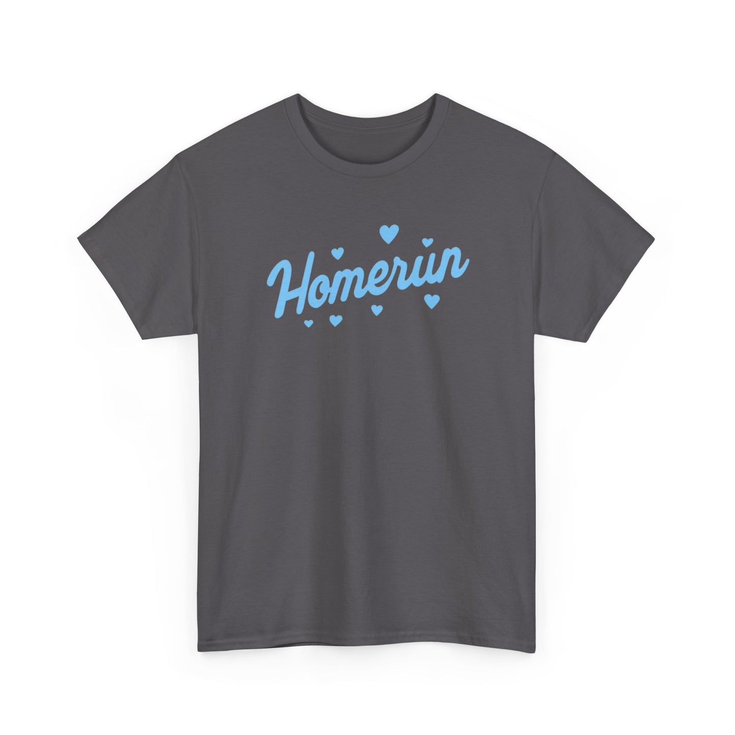 Homerun Tee — Retro Script Baseball Shirt with Blue Hearts