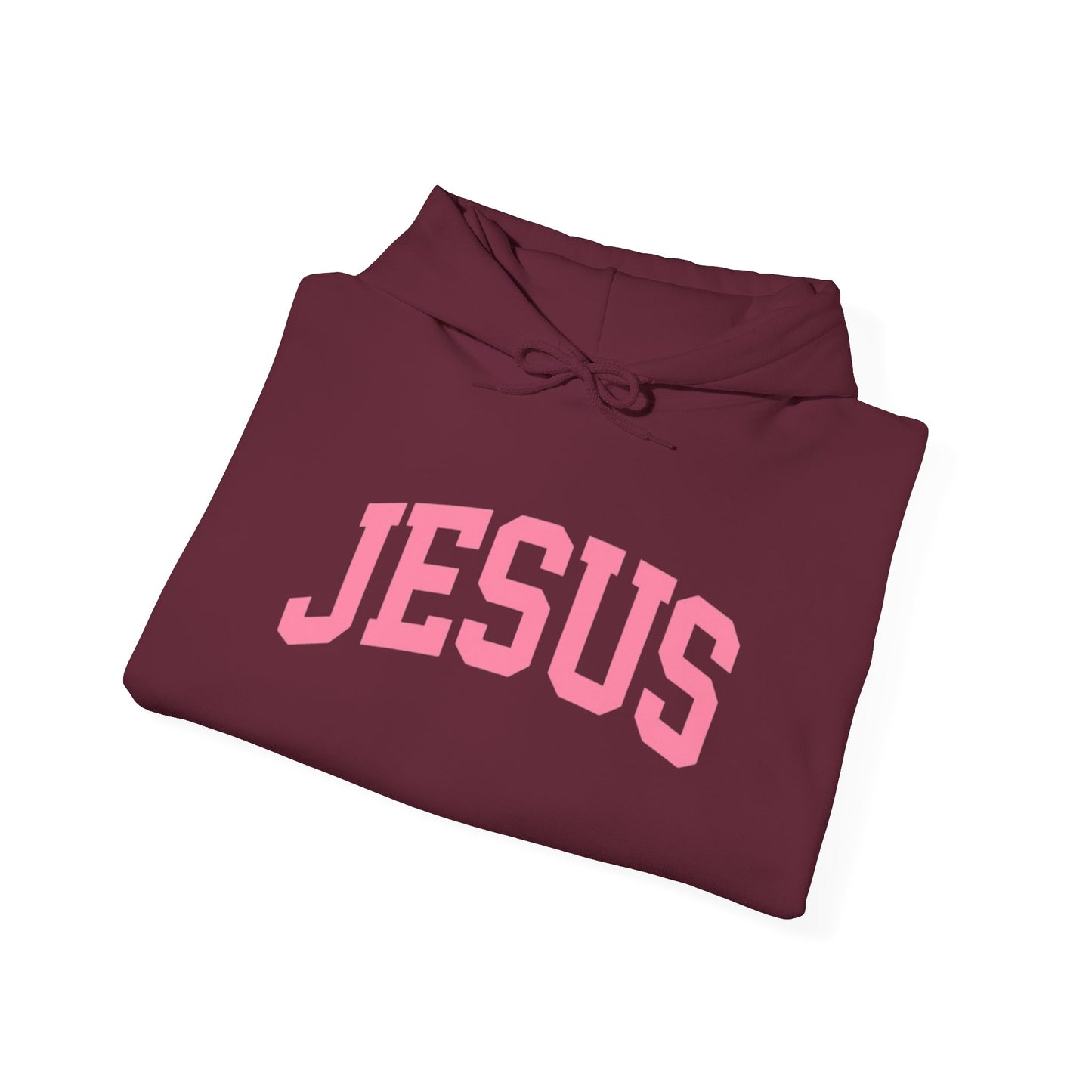 Jesus Arch Logo Hoodie — Pink Lettering Christian Faith Pullover