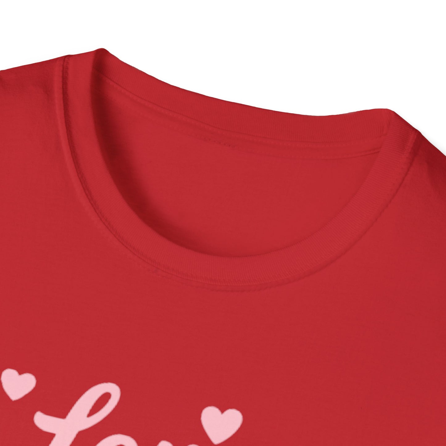 Love Your Neighbor T-Shirt — Pink Script Hearts Tee for Kindness & Community