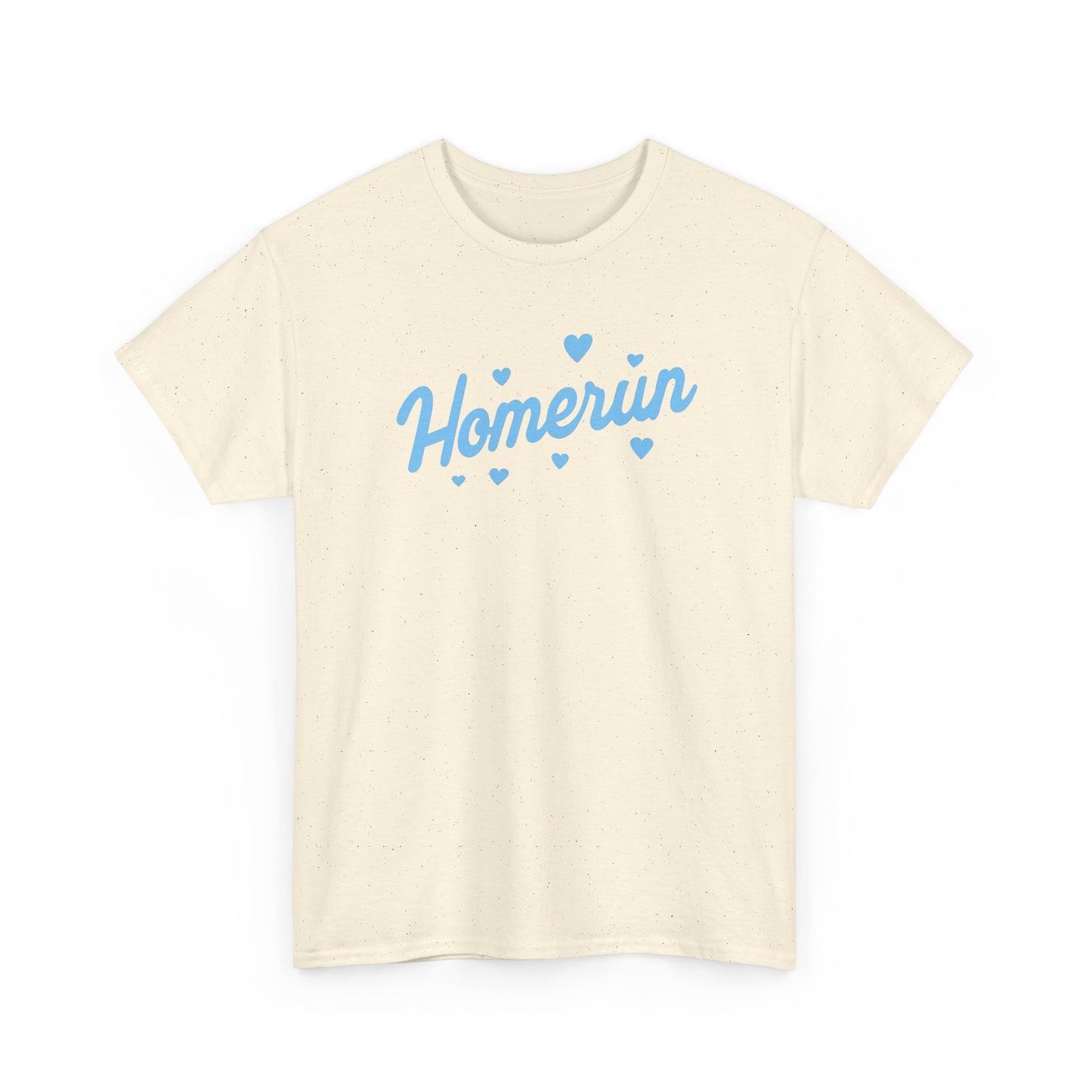 Homerun Tee — Retro Script Baseball Shirt with Blue Hearts