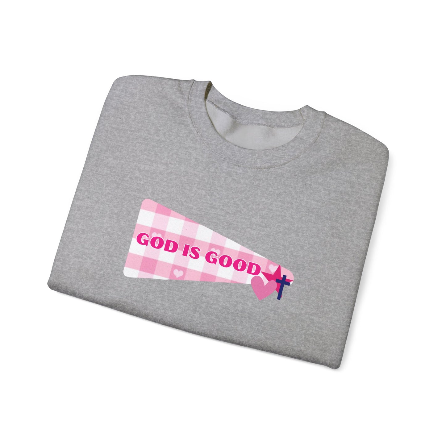God Is Good Crewneck Sweatshirt — Pink Heart Faith Graphic