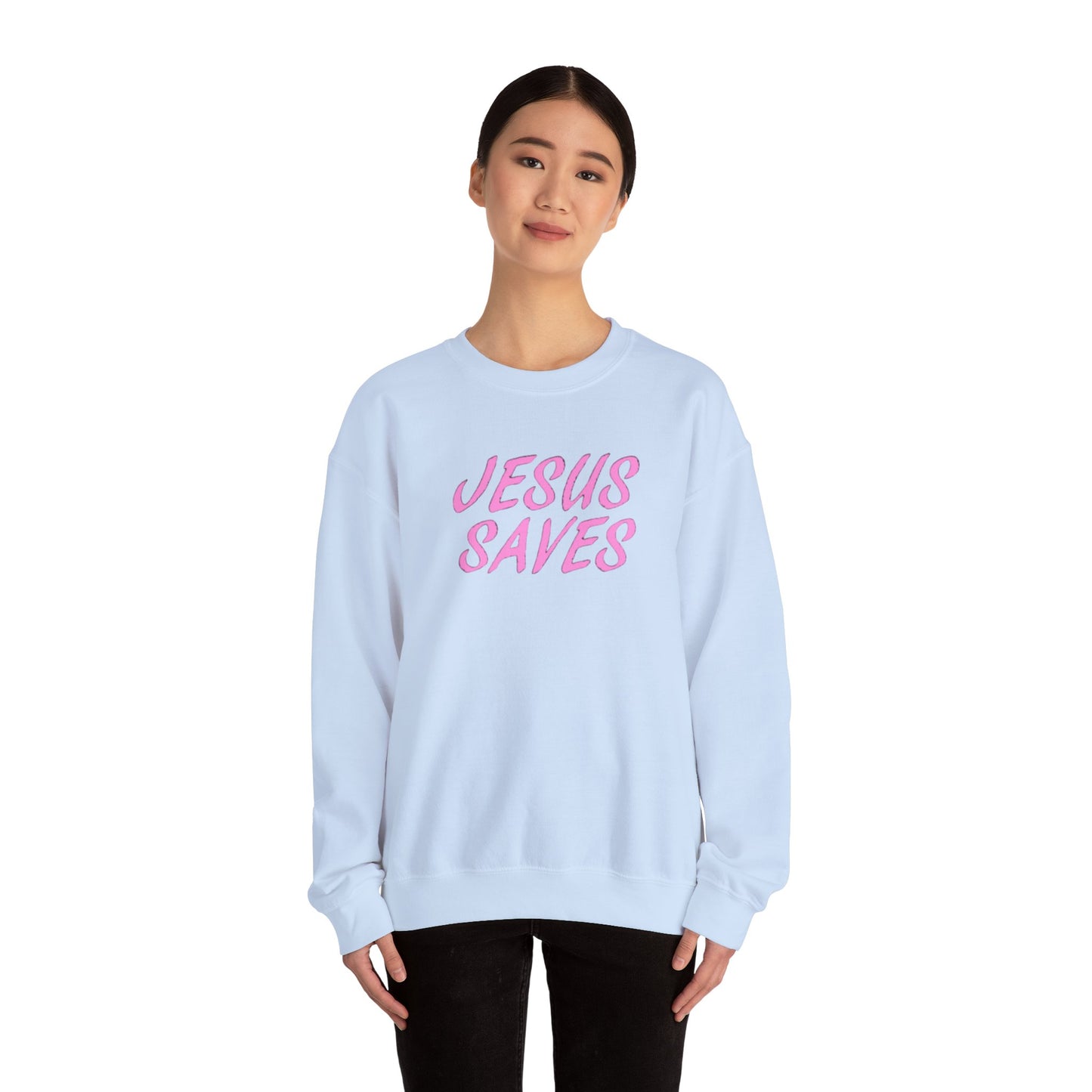 Jesus Saves Pink Script Crew neck — Christian Faith Graphic Tee