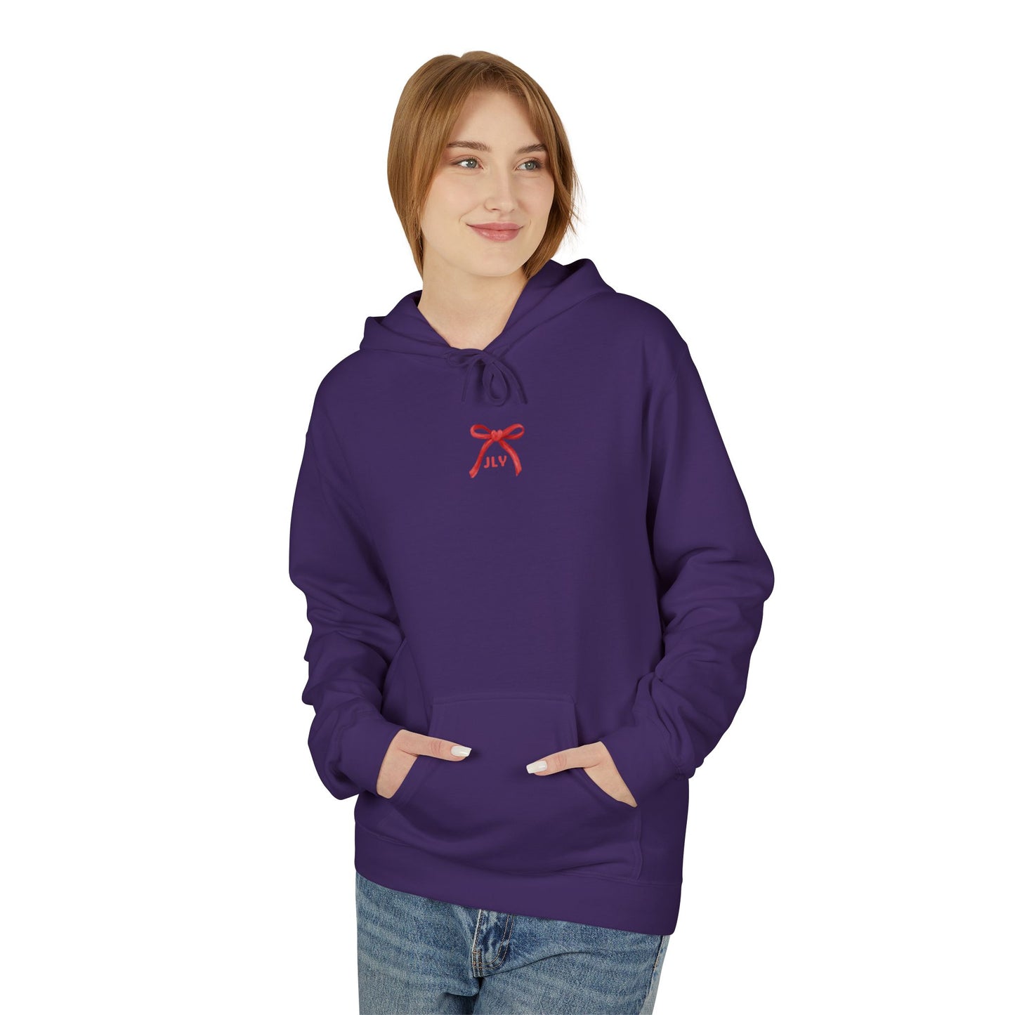 Chic Fleece Hoodie with JLY Bow Design - Perfect for Gift Giving, Cozy Casual Wear, Holiday Celebrations, Unisex Style, Everyday Comfort
