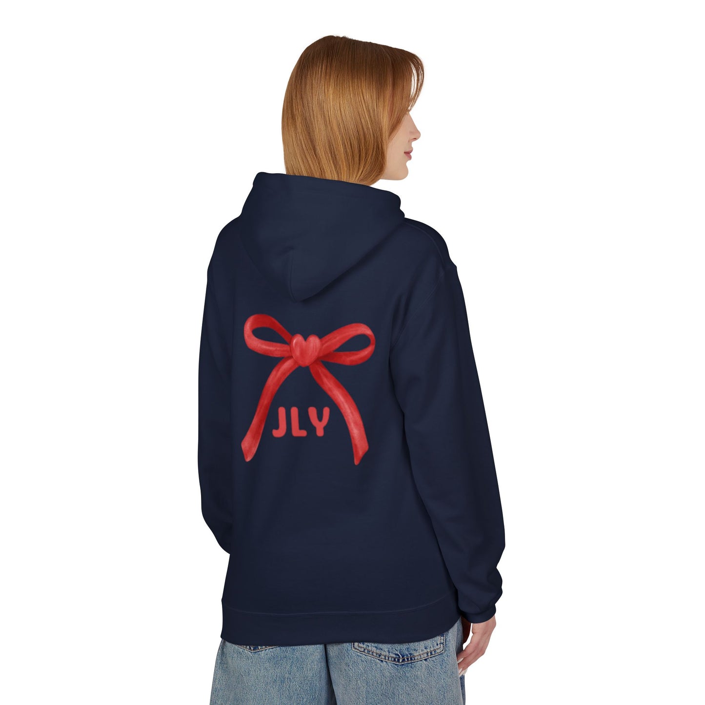 Chic Fleece Hoodie with JLY Bow Design - Perfect for Gift Giving, Cozy Casual Wear, Holiday Celebrations, Unisex Style, Everyday Comfort