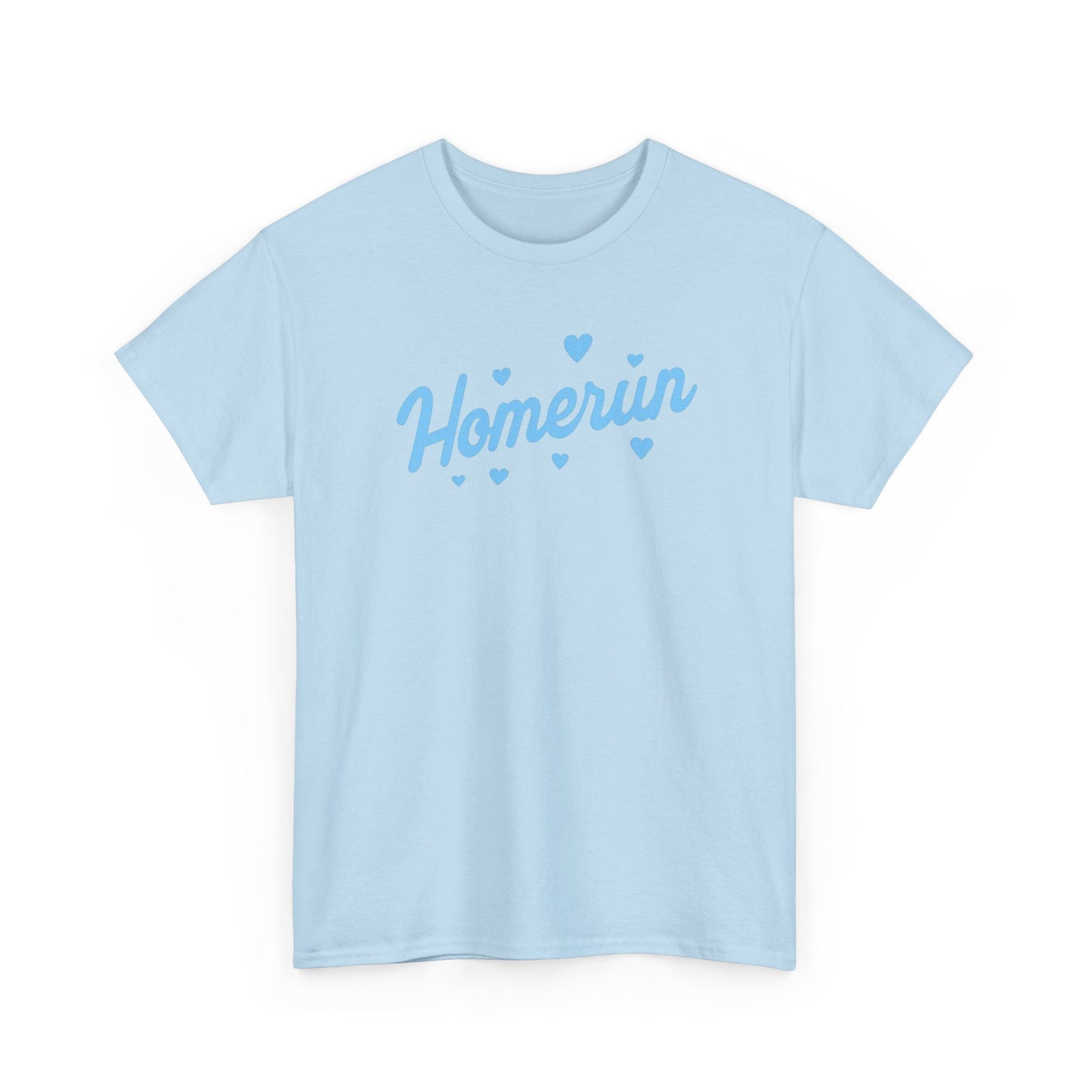 Homerun Tee — Retro Script Baseball Shirt with Blue Hearts