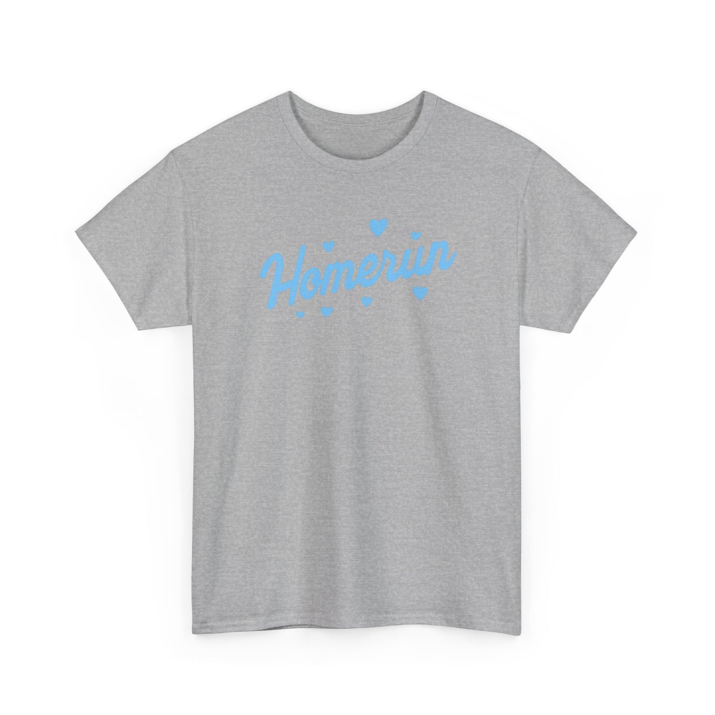 Homerun Tee — Retro Script Baseball Shirt with Blue Hearts