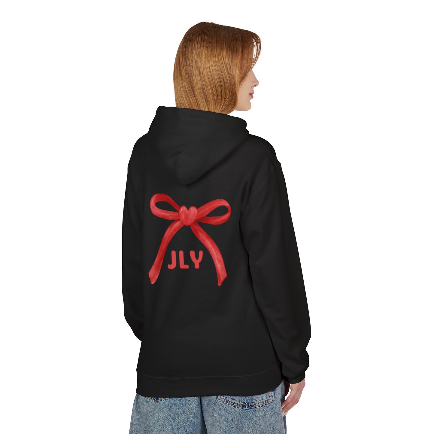 Chic Fleece Hoodie with JLY Bow Design - Perfect for Gift Giving, Cozy Casual Wear, Holiday Celebrations, Unisex Style, Everyday Comfort