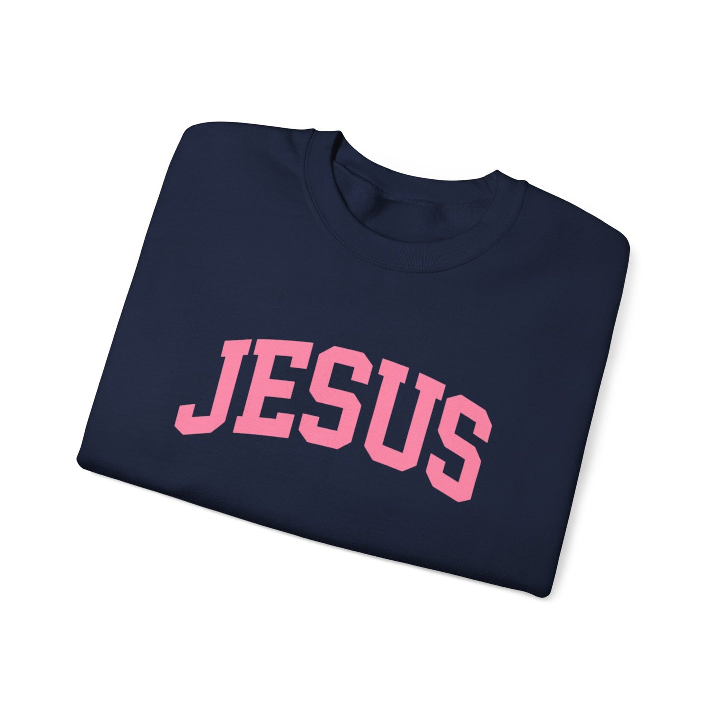 Jesus Crewneck Sweatshirt — Pink Collegiate Faith Graphic