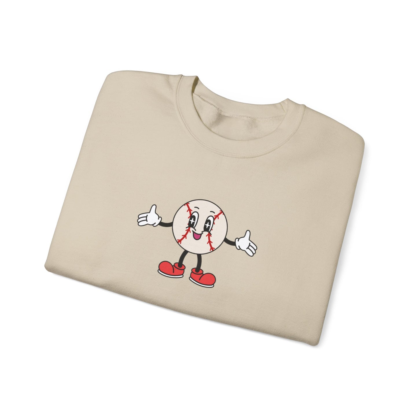 Cute Cartoon Baseball Crewneck Sweatshirt – Thumbs Up Mascot Graphic