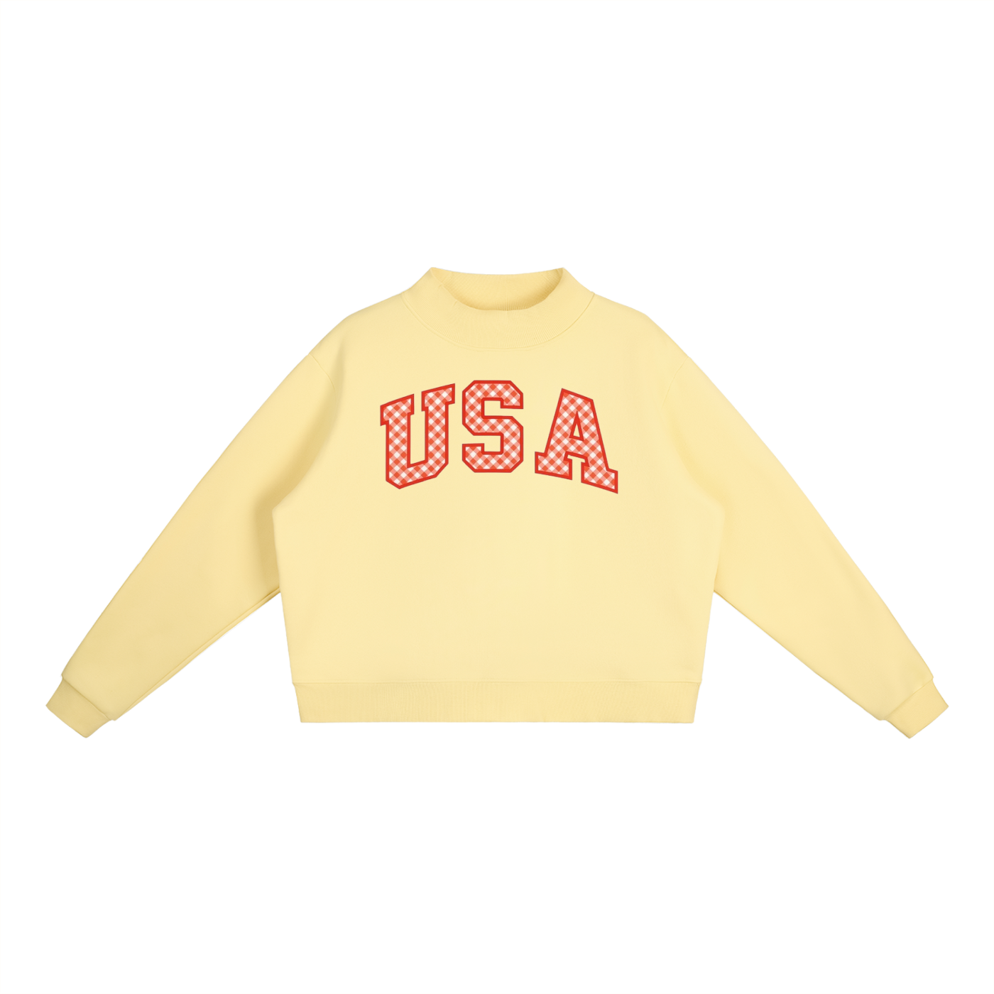 Gingham USA print Essential Fleece Mock-Neck Crew Sweatshirt